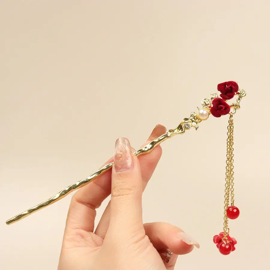Flower Hairpin with Butterfly & Tassel Design