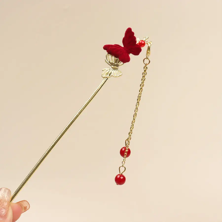 Flower Hairpin with Butterfly & Tassel Design