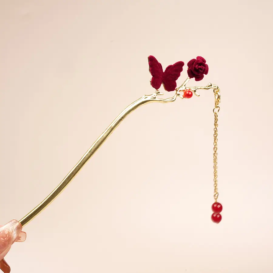 Flower Hairpin with Butterfly & Tassel Design