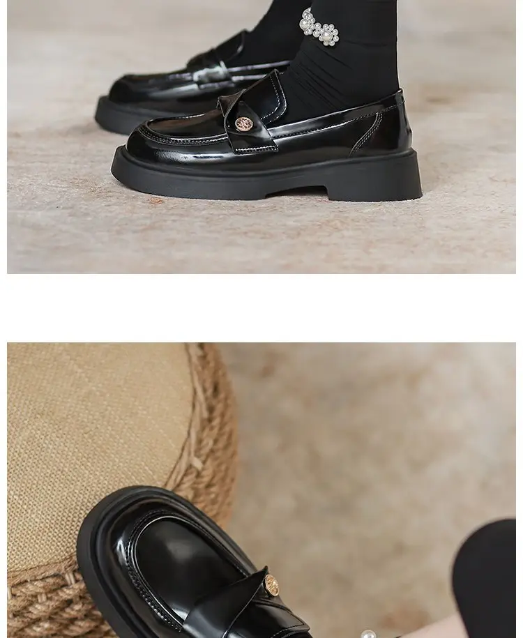 Soft Bottom Loafers Women's 2024 Spring New Fashion Small Gold Single Shoes British Thick Bottom Slip-on Small Leather Shoes — feature 7
