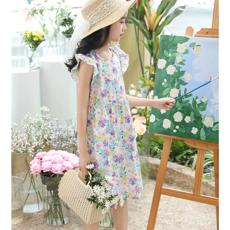 Girls Floral Dress Cotton Silk Nightgown Summer Ruffled Flying Sleeve Princess Dress for Big Children and Little Girls A-Line Skirt