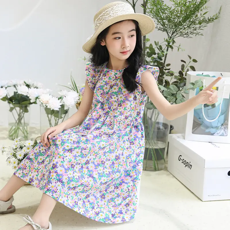 Girls Floral Dress Cotton Silk Nightgown Summer Ruffled Flying Sleeve Princess Dress for Big Children and Little Girls A-Line Skirt