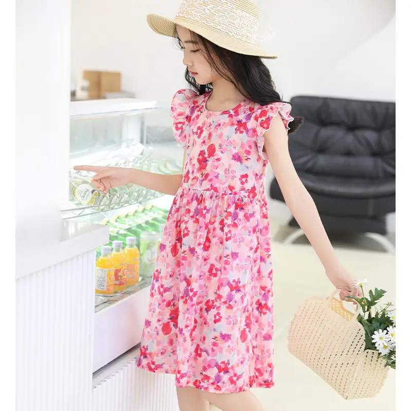Girls Floral Dress Cotton Silk Nightgown Summer Ruffled Flying Sleeve Princess Dress for Big Children and Little Girls A-Line Skirt