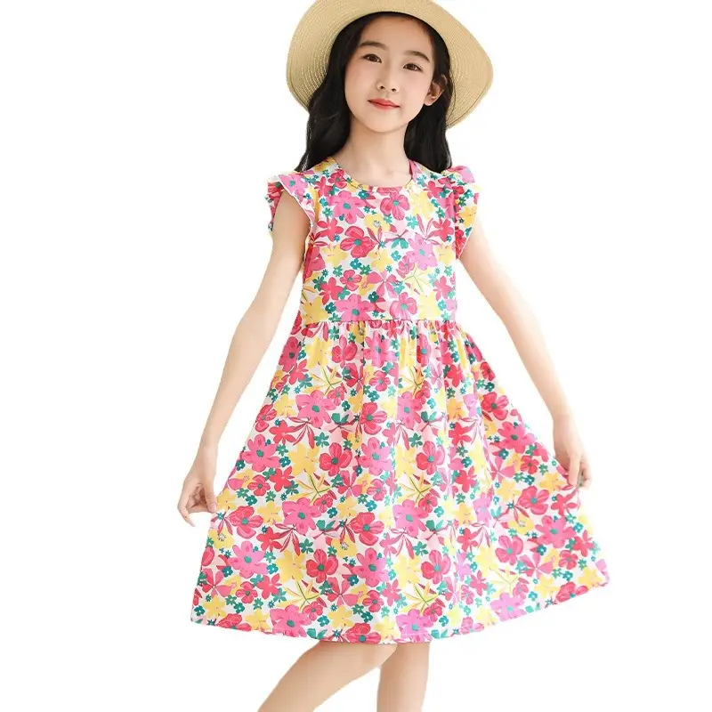 Girls Floral Dress Cotton Silk Nightgown Summer Ruffled Flying Sleeve Princess Dress for Big Children and Little Girls A-Line Skirt