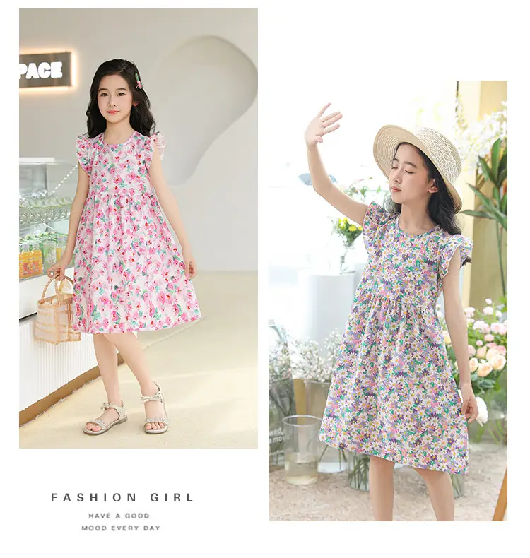 Girls Floral Dress Cotton Silk Nightgown Summer Ruffled Flying Sleeve Princess Dress for Big Children and Little Girls A-Line Skirt — feature 10