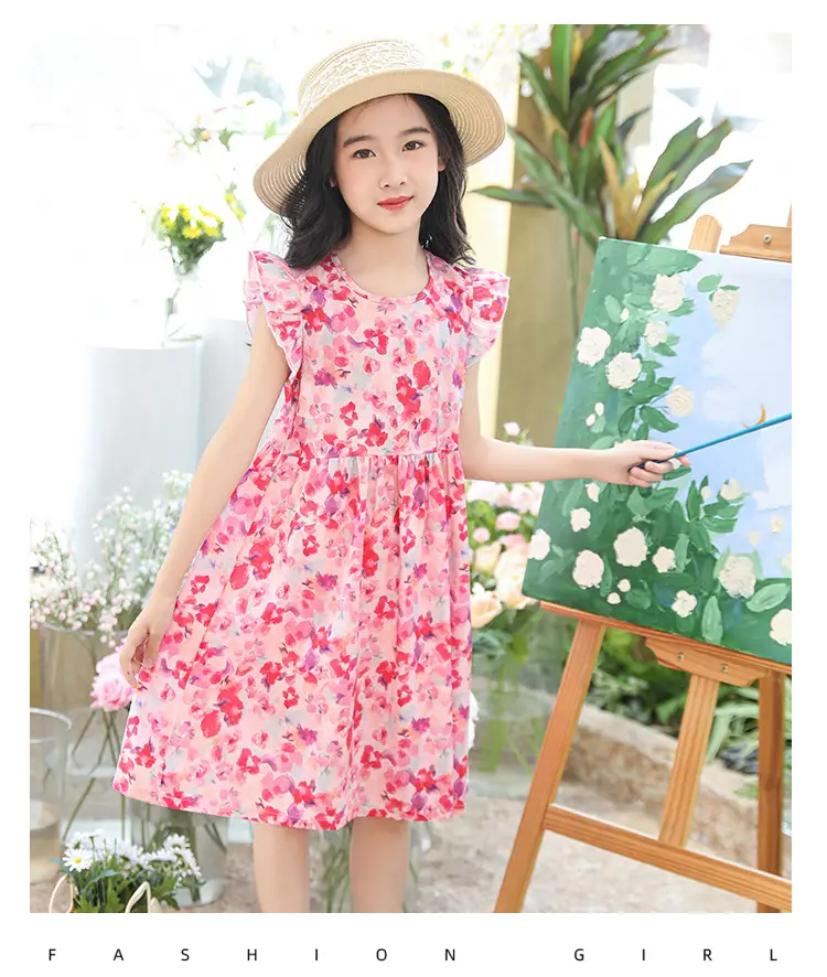 Girls Floral Dress Cotton Silk Nightgown Summer Ruffled Flying Sleeve Princess Dress for Big Children and Little Girls A-Line Skirt — feature 11