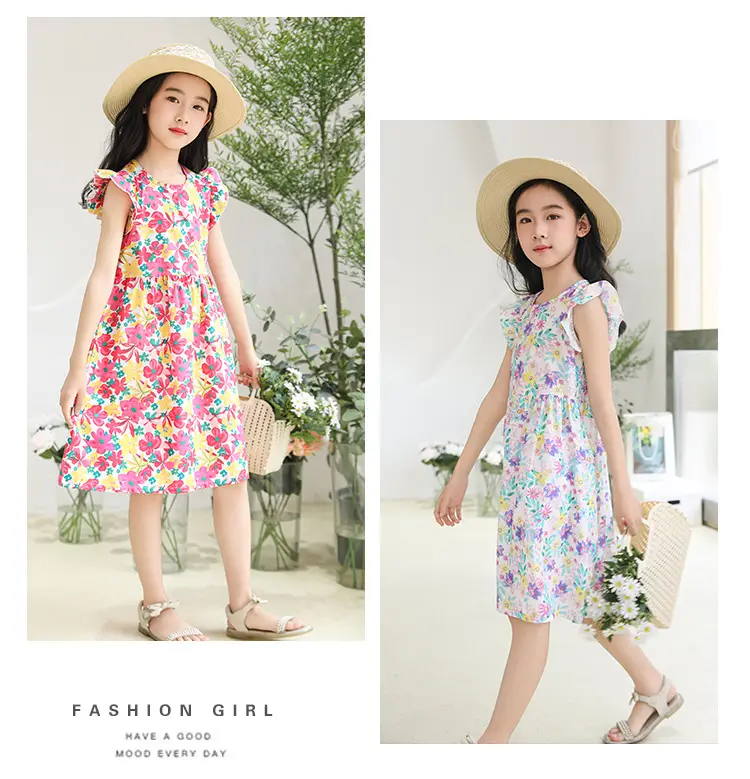 Girls Floral Dress Cotton Silk Nightgown Summer Ruffled Flying Sleeve Princess Dress for Big Children and Little Girls A-Line Skirt — feature 12
