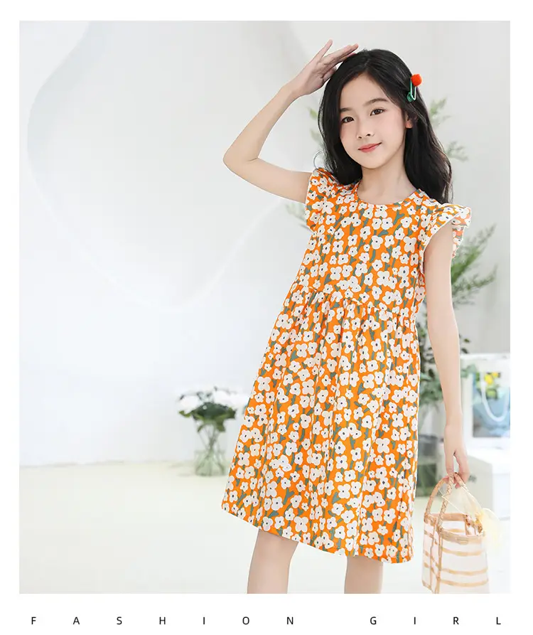Girls Floral Dress Cotton Silk Nightgown Summer Ruffled Flying Sleeve Princess Dress for Big Children and Little Girls A-Line Skirt — feature 13