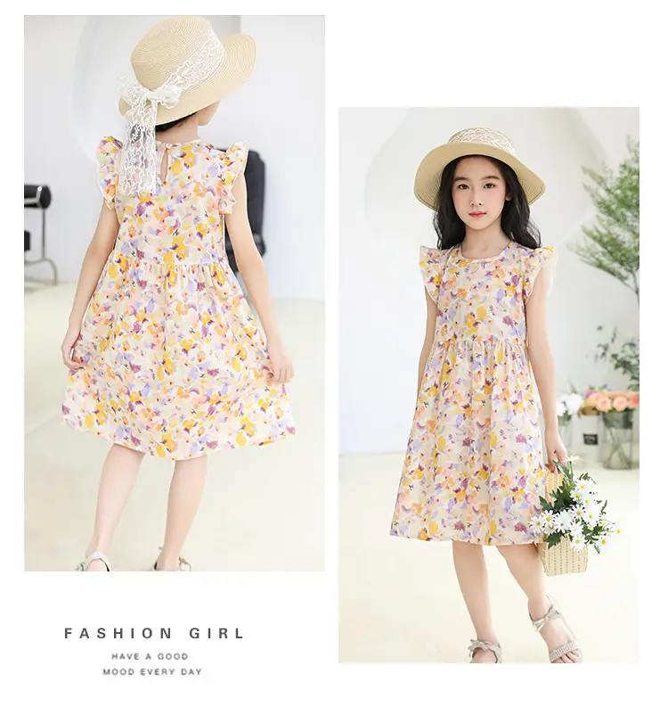 Girls Floral Dress Cotton Silk Nightgown Summer Ruffled Flying Sleeve Princess Dress for Big Children and Little Girls A-Line Skirt — feature 14