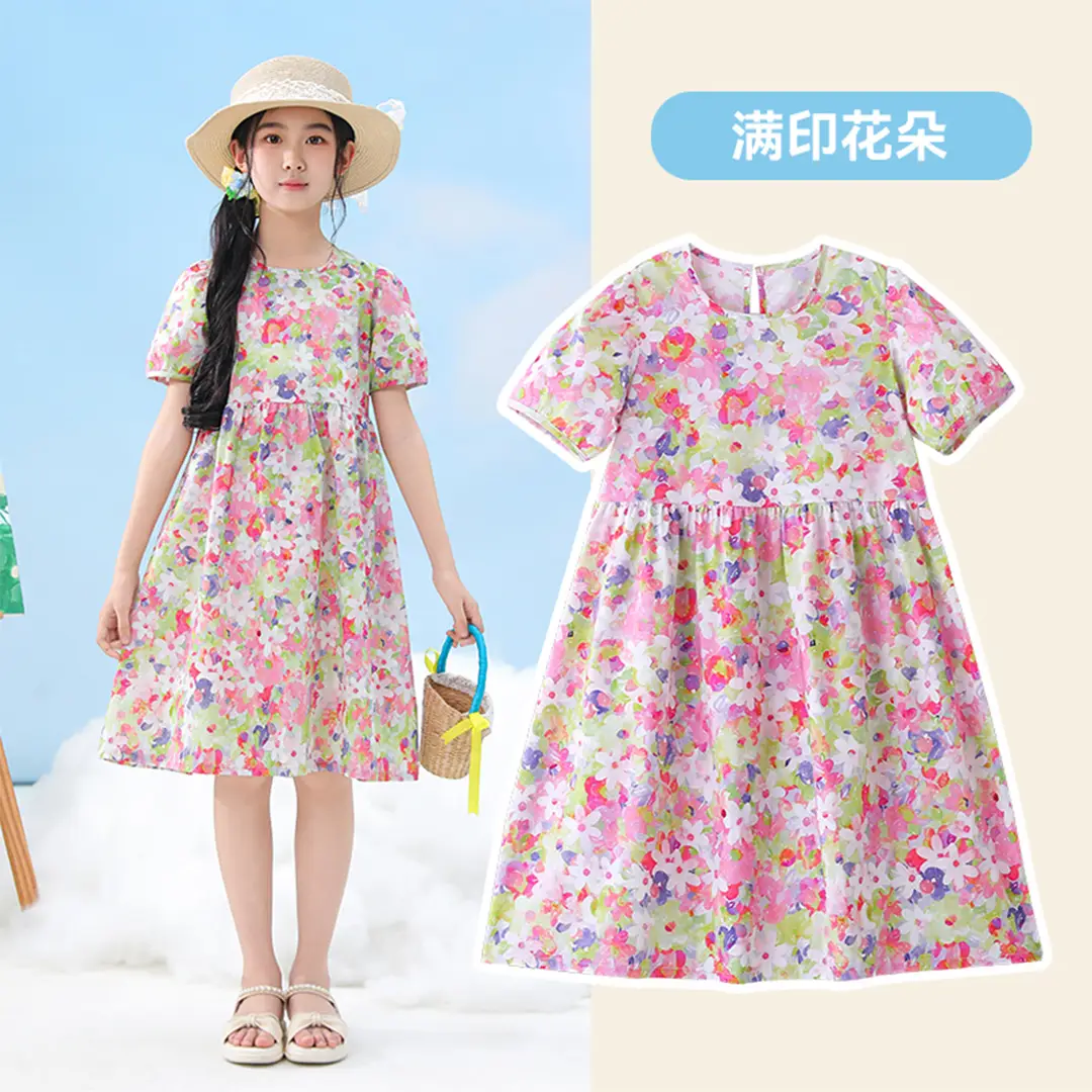 Girls Floral Dress Cotton Silk Nightgown Summer Ruffled Flying Sleeve Princess Dress for Big Children and Little Girls A-Line Skirt