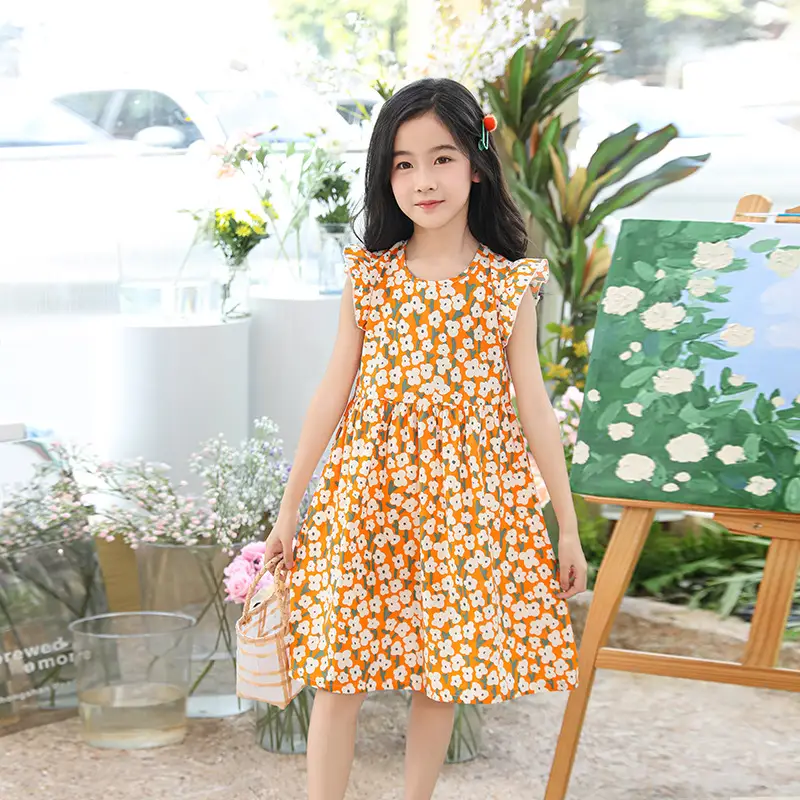 Girls Floral Dress Cotton Silk Nightgown Summer Ruffled Flying Sleeve Princess Dress for Big Children and Little Girls A-Line Skirt