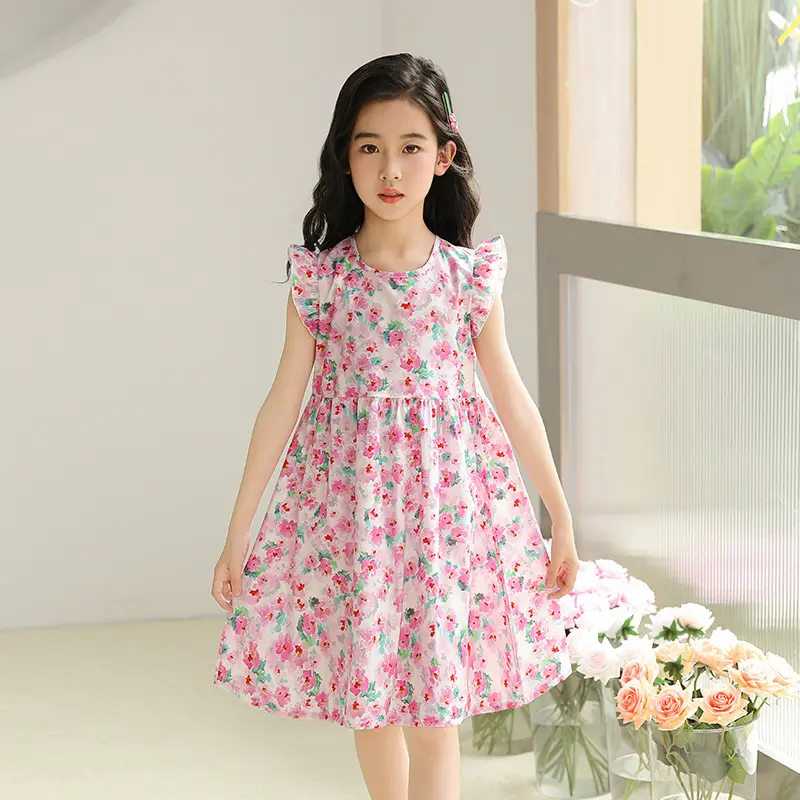 Girls Floral Dress Cotton Silk Nightgown Summer Ruffled Flying Sleeve Princess Dress for Big Children and Little Girls A-Line Skirt