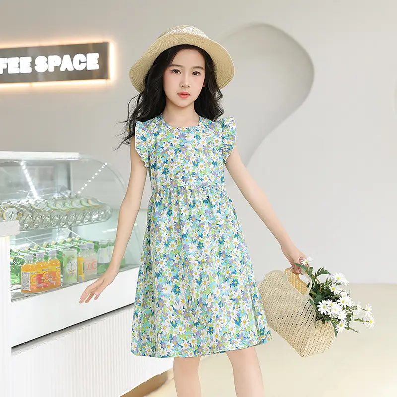 Girls Floral Dress Cotton Silk Nightgown Summer Ruffled Flying Sleeve Princess Dress for Big Children and Little Girls A-Line Skirt