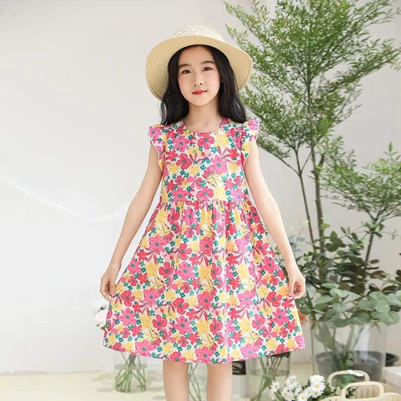 Girls Floral Dress Cotton Silk Nightgown Summer Ruffled Flying Sleeve Princess Dress for Big Children and Little Girls A-Line Skirt