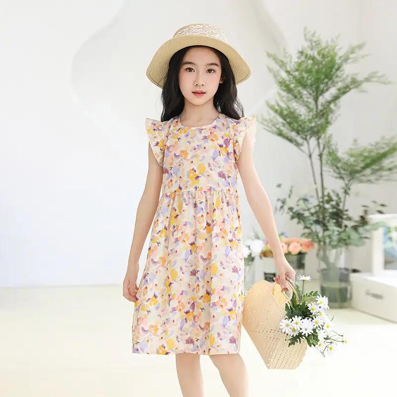 Girls Floral Dress Cotton Silk Nightgown Summer Ruffled Flying Sleeve Princess Dress for Big Children and Little Girls A-Line Skirt