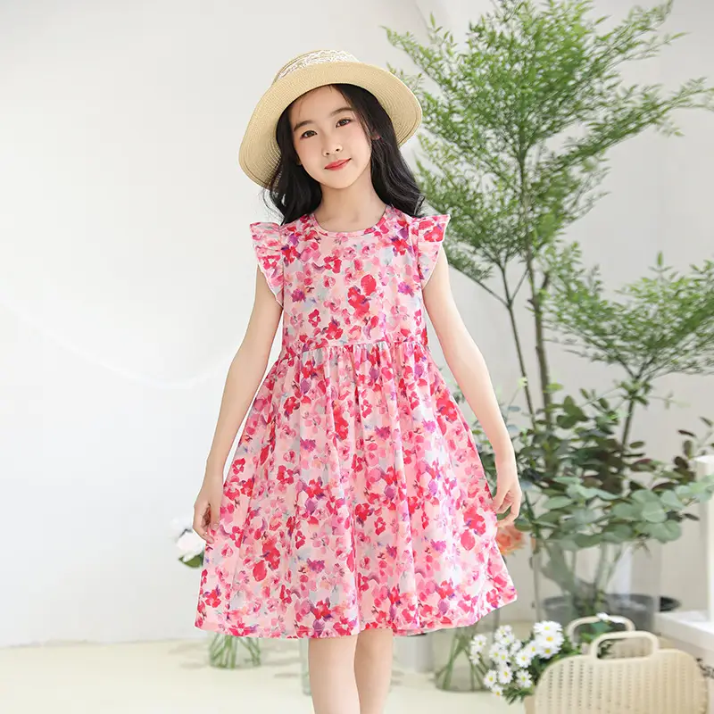 Girls Floral Dress Cotton Silk Nightgown Summer Ruffled Flying Sleeve Princess Dress for Big Children and Little Girls A-Line Skirt