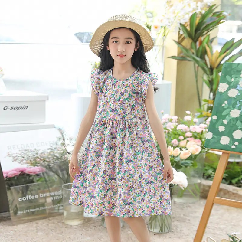 Girls Floral Dress Cotton Silk Nightgown Summer Ruffled Flying Sleeve Princess Dress for Big Children and Little Girls A-Line Skirt