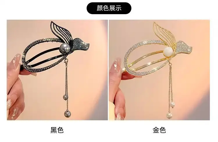 Rhinestone Fish Tail Hairpin Clip with Pearl Tassel — feature 3