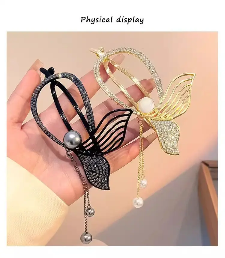 Rhinestone Fish Tail Hairpin Clip with Pearl Tassel — feature 4