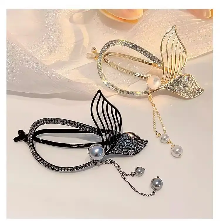 Rhinestone Fish Tail Hairpin Clip with Pearl Tassel — feature 5