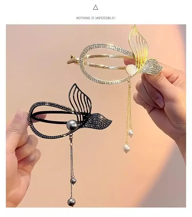 Rhinestone Fish Tail Hairpin Clip with Pearl Tassel — feature 6