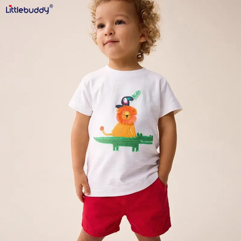 Boy's Pure Cotton Lion Print Shorts Set Red White - Image 3