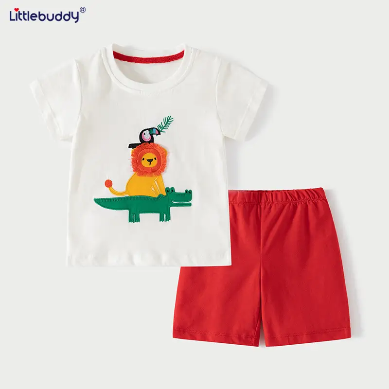 Boy's Pure Cotton Lion Print Shorts Set Red White - Image 4