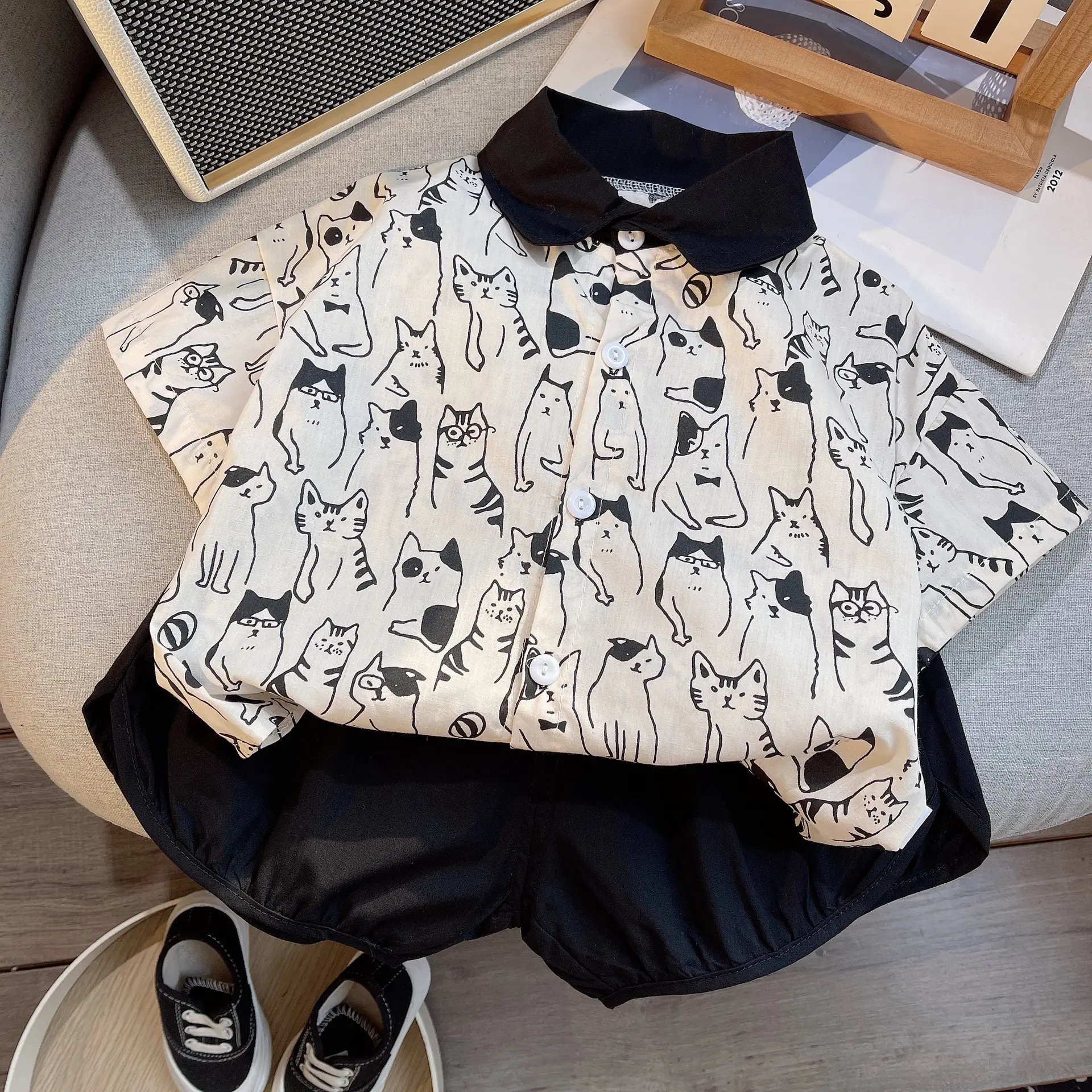 Children Cotton Cat Print Shorts Suit Summer - Image 2