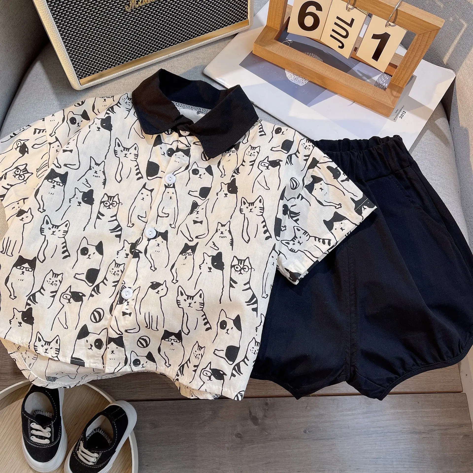 Children Cotton Cat Print Shorts Suit Summer - Image 3