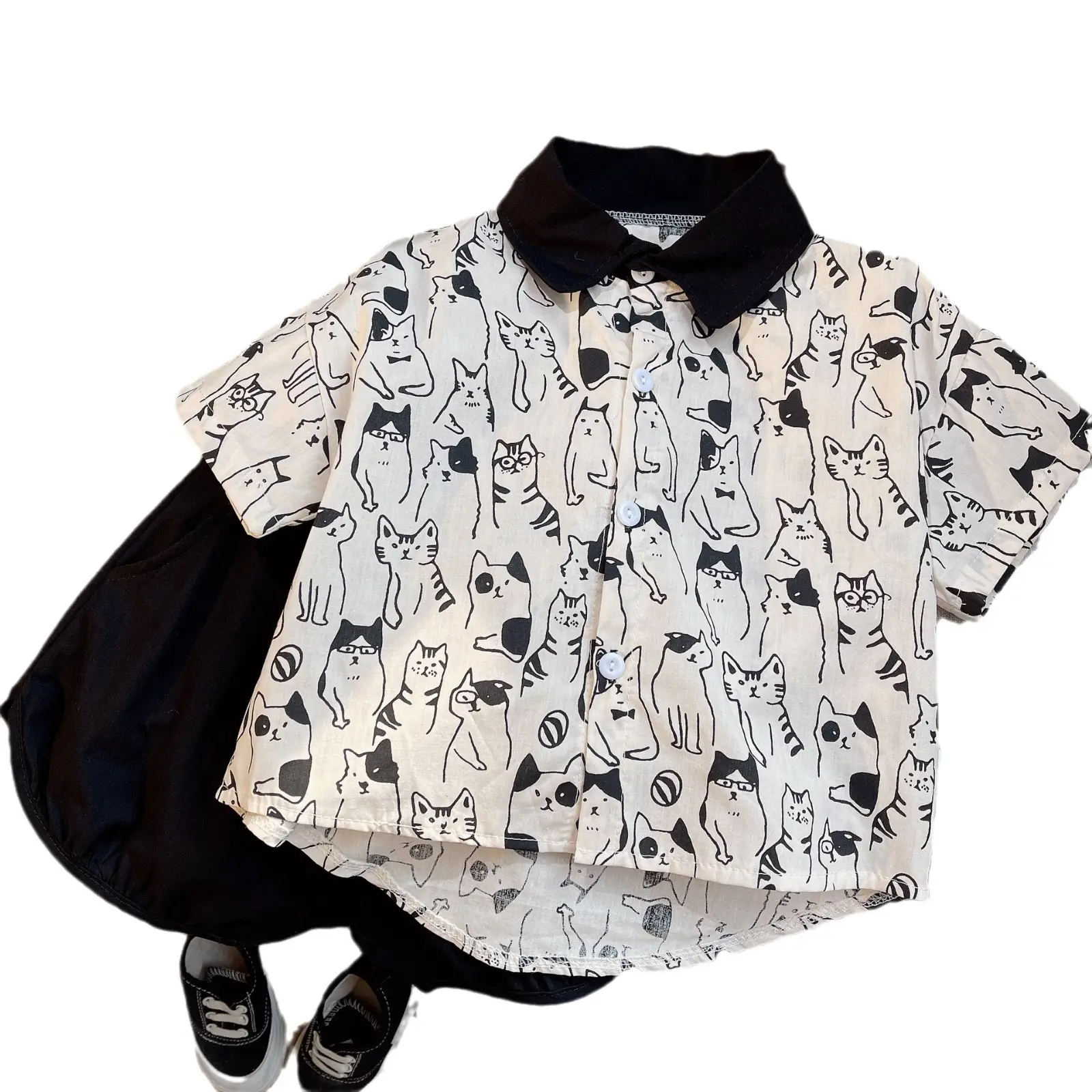 Children Cotton Cat Print Shorts Suit Summer - Image 6