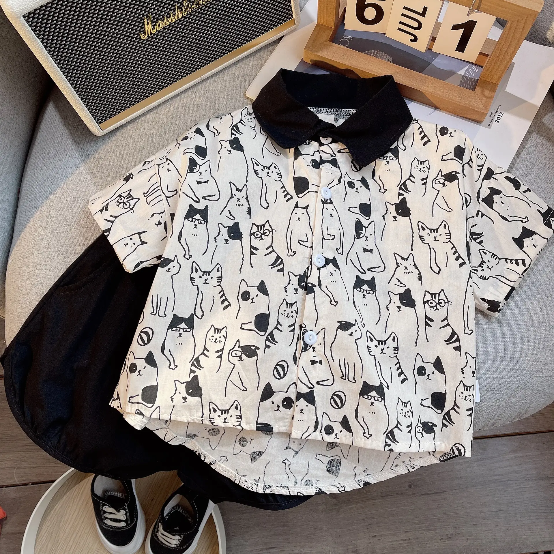 Children Cotton Cat Print Shorts Suit Summer — feature 1