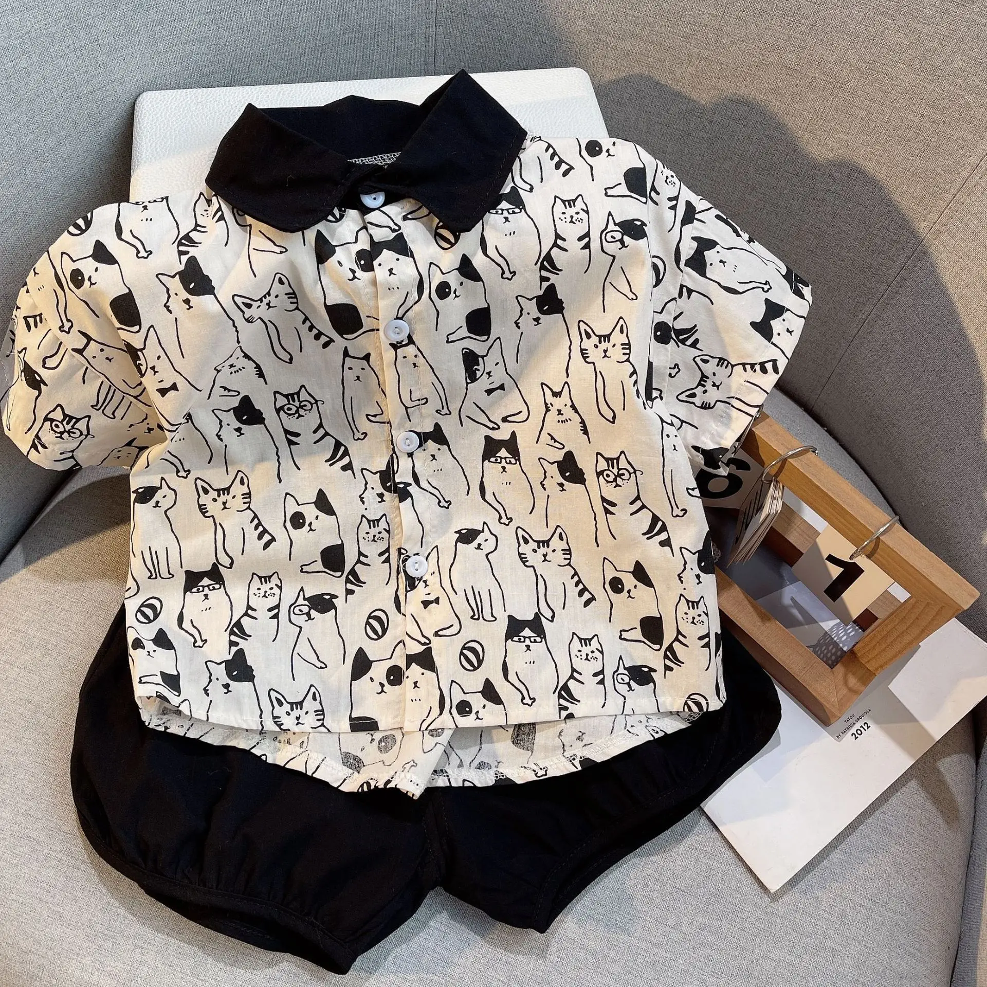 Children Cotton Cat Print Shorts Suit Summer — feature 5
