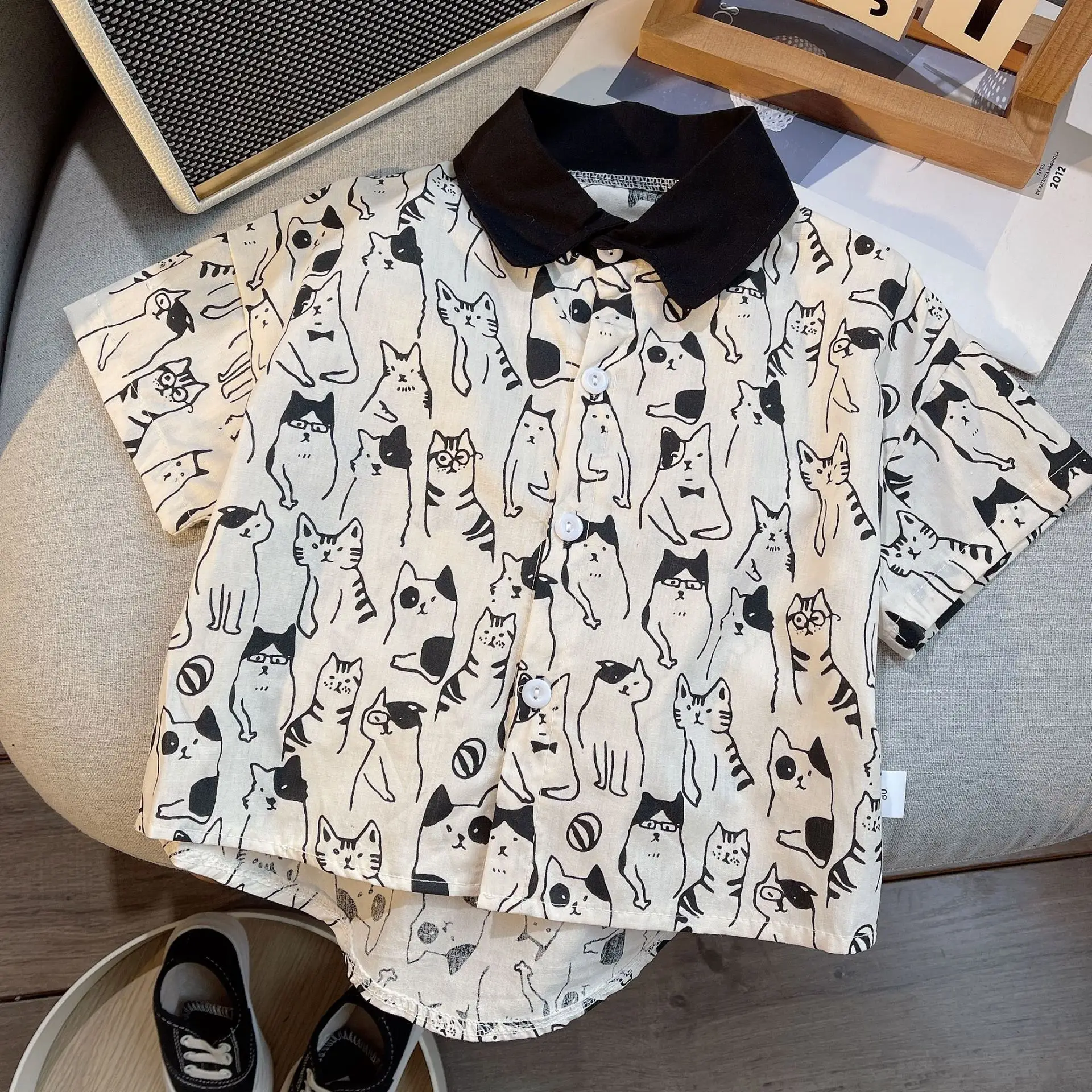 Children Cotton Cat Print Shorts Suit Summer — feature 6