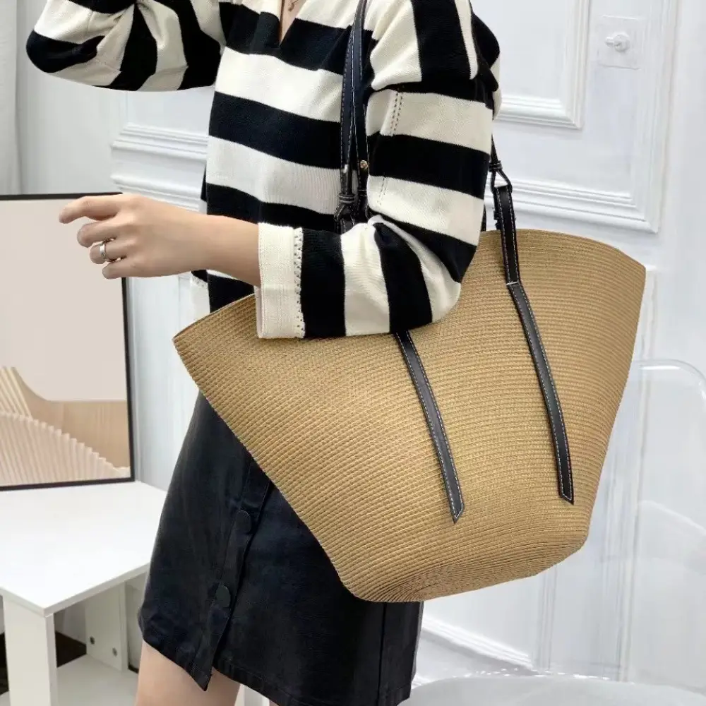 New Style Patchwork Straw Basket Bag Large Capacity Handmade Woven Bag Tote Bag Women Shoulder Bag Vacation Beach Bag - Image 5