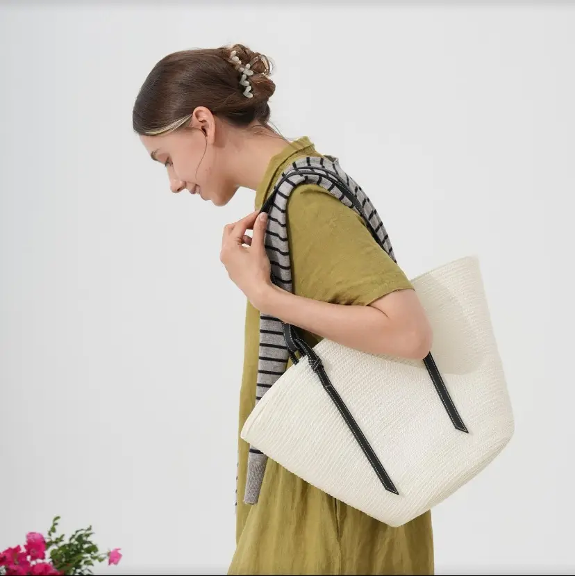 New Style Patchwork Straw Basket Bag Large Capacity Handmade Woven Bag Tote Bag Women Shoulder Bag Vacation Beach Bag - Image 6