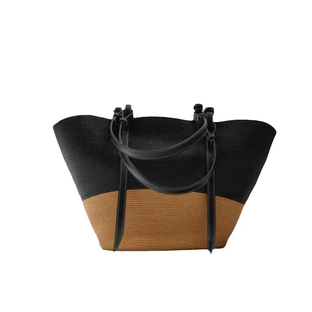 New Style Patchwork Straw Basket Bag Large Capacity Handmade Woven Bag Tote Bag Women Shoulder Bag Vacation Beach Bag - Image 8