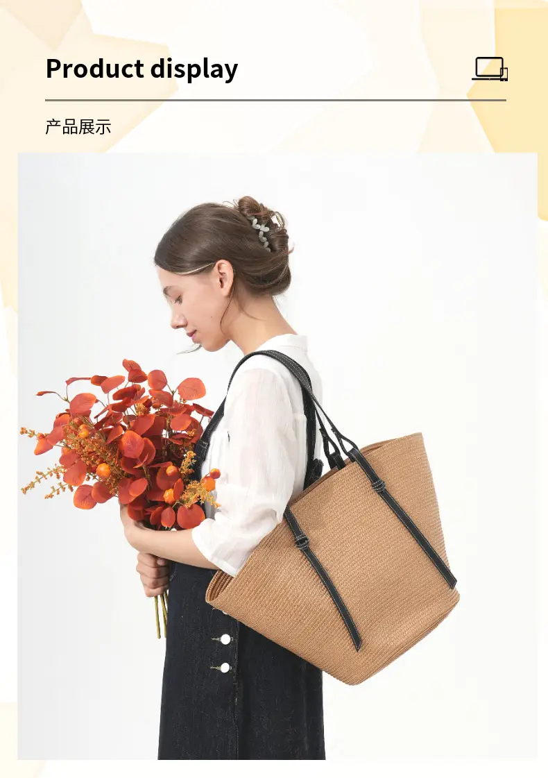 New Style Patchwork Straw Basket Bag Large Capacity Handmade Woven Bag Tote Bag Women Shoulder Bag Vacation Beach Bag — feature 7