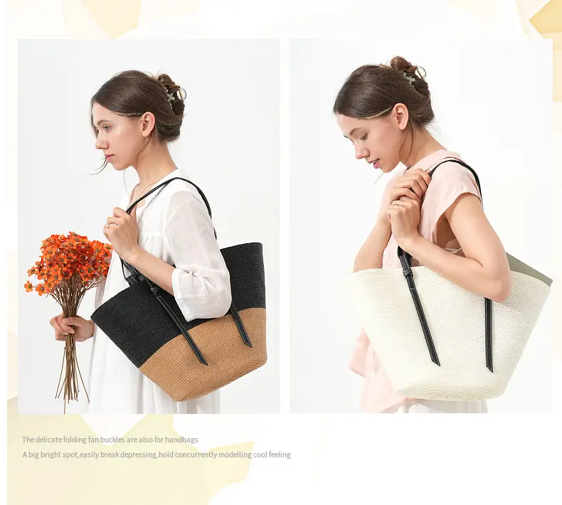New Style Patchwork Straw Basket Bag Large Capacity Handmade Woven Bag Tote Bag Women Shoulder Bag Vacation Beach Bag — feature 8