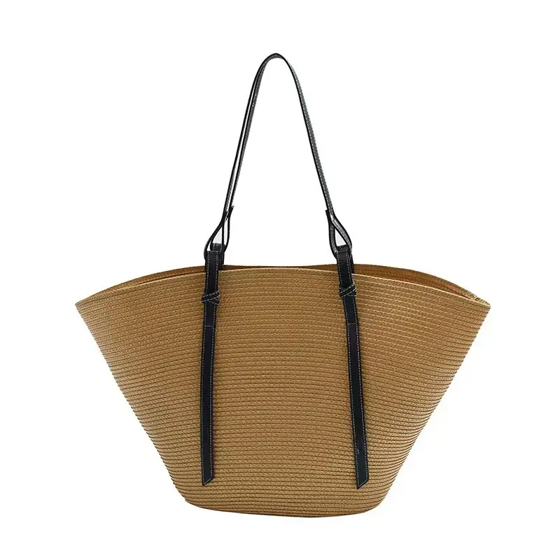 New Style Patchwork Straw Basket Bag Large Capacity Handmade Woven Bag Tote Bag Women Shoulder Bag Vacation Beach Bag - Image 2