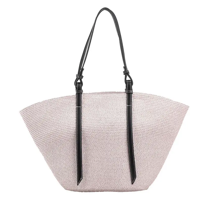 New Style Patchwork Straw Basket Bag Large Capacity Handmade Woven Bag Tote Bag Women Shoulder Bag Vacation Beach Bag - Image 3