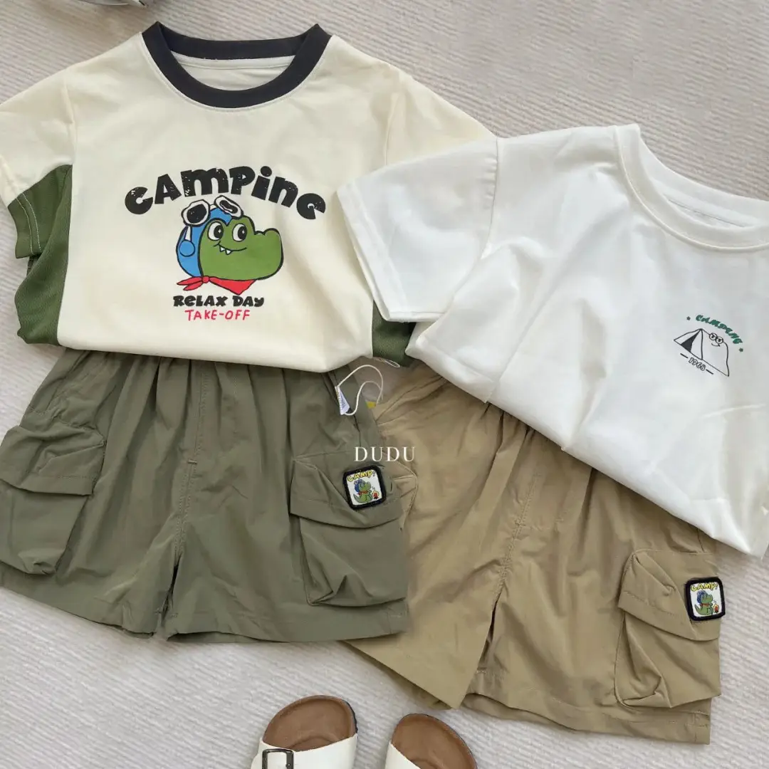 Dudu Kids Campine T-Shirt Shorts Set Cream Green - Image 5