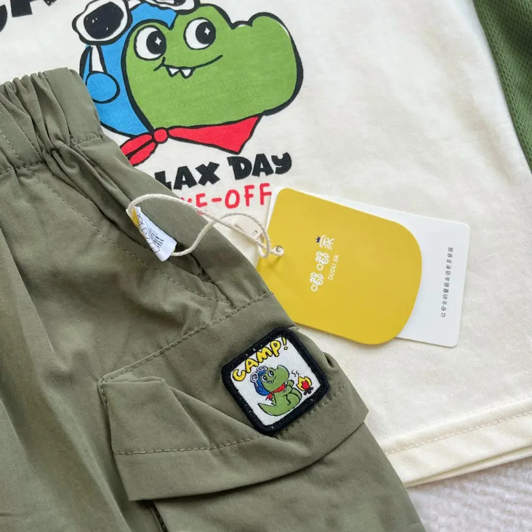 Dudu Kids Campine T-Shirt Shorts Set Cream Green - Image 6