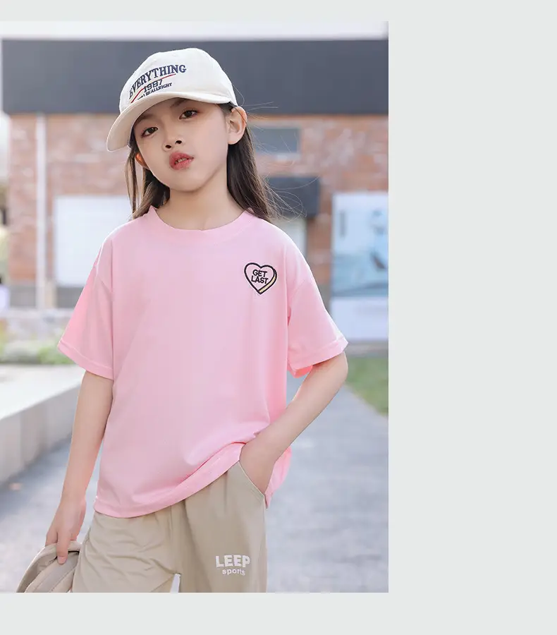 Children's Pink Embroidered Crewneck T-Shirt Summer Wear — feature 10