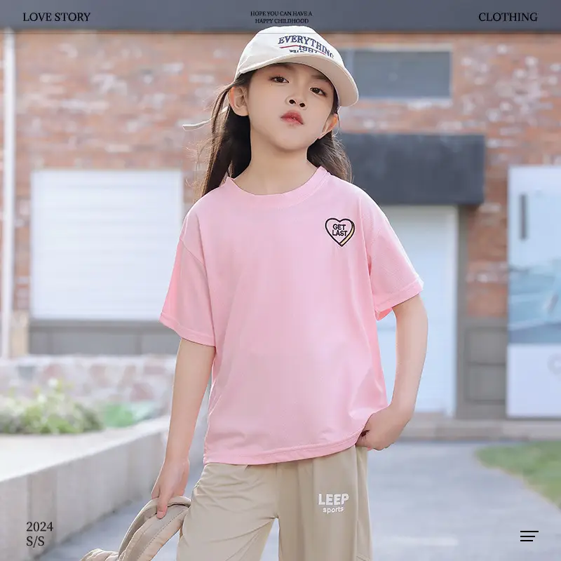 Children's Pink Embroidered Crewneck T-Shirt Summer Wear