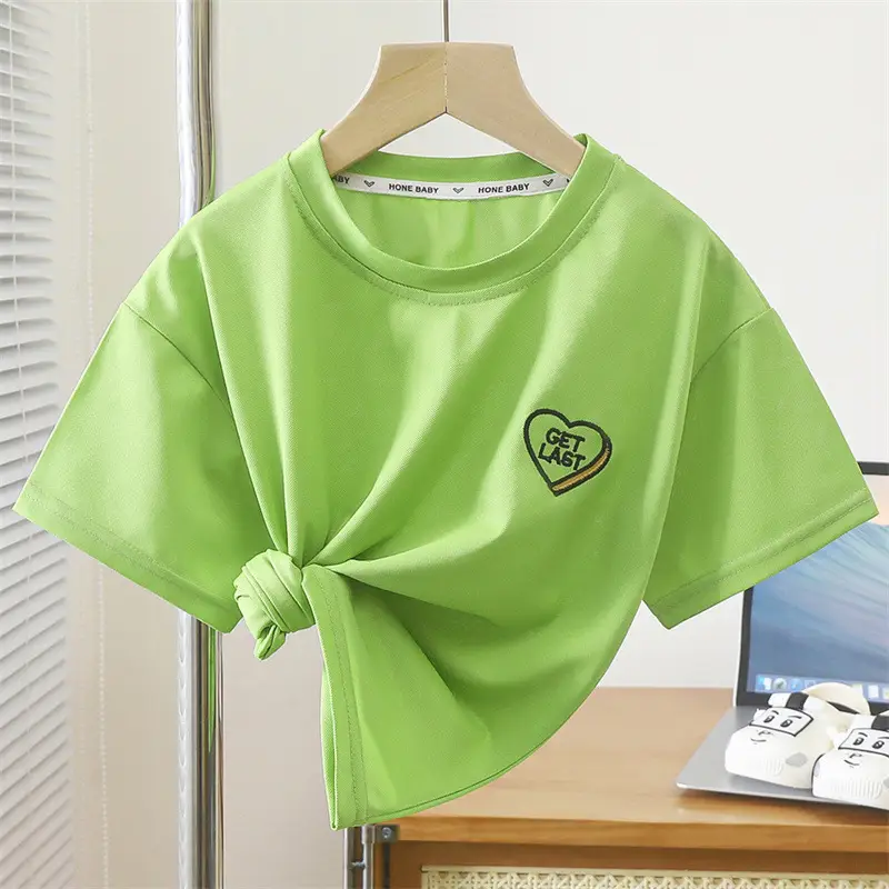 Children's Pink Embroidered Crewneck T-Shirt Summer Wear
