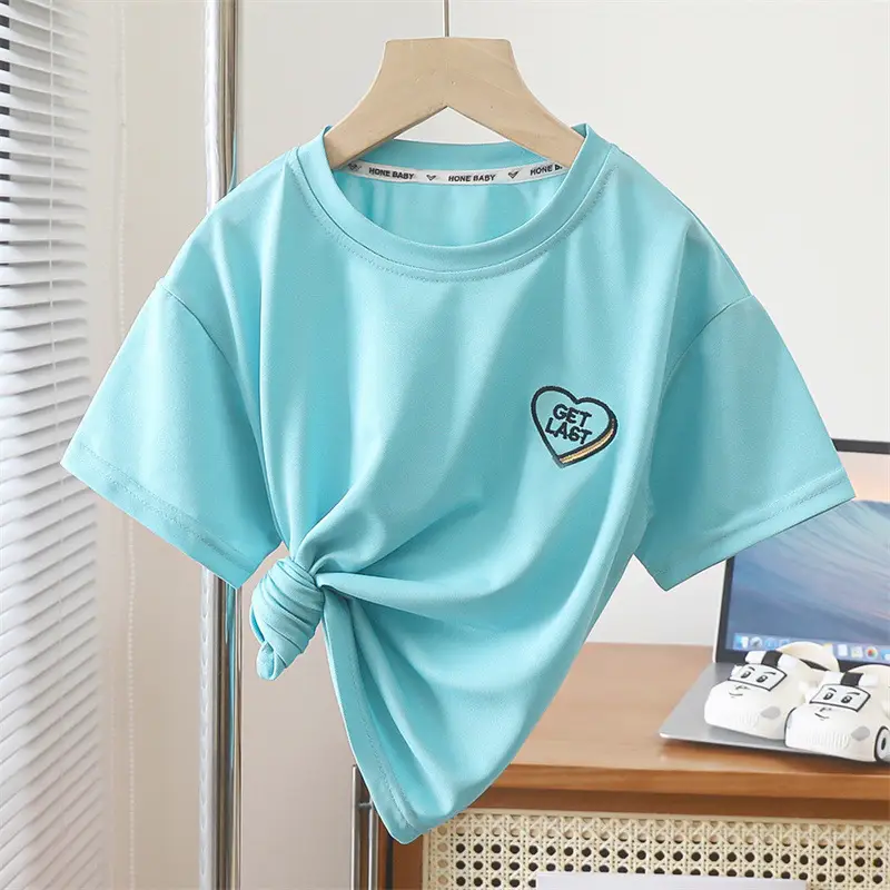 Children's Pink Embroidered Crewneck T-Shirt Summer Wear