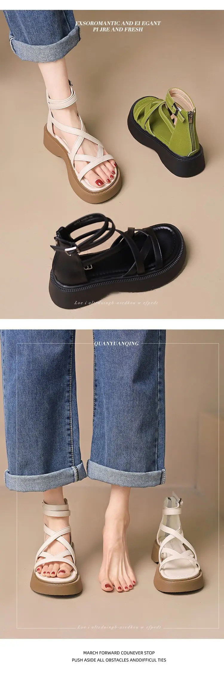 Explosions muffin platform sandals women's summer 2024 new French high-end feeling black retro beach Roman shoes — feature 4