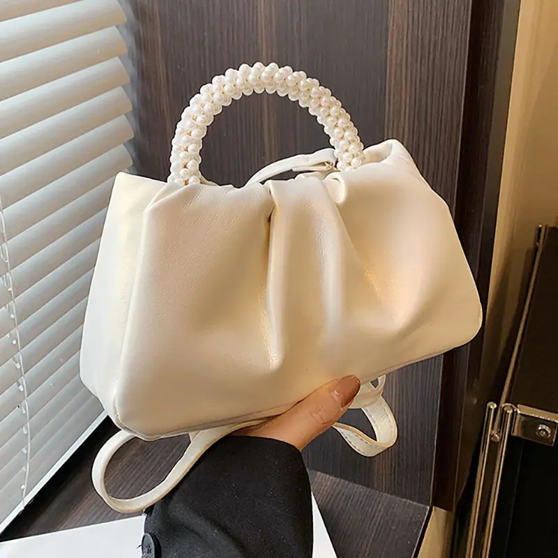 Silver Pearl Pleated Shoulder Bag for Women - Image 5