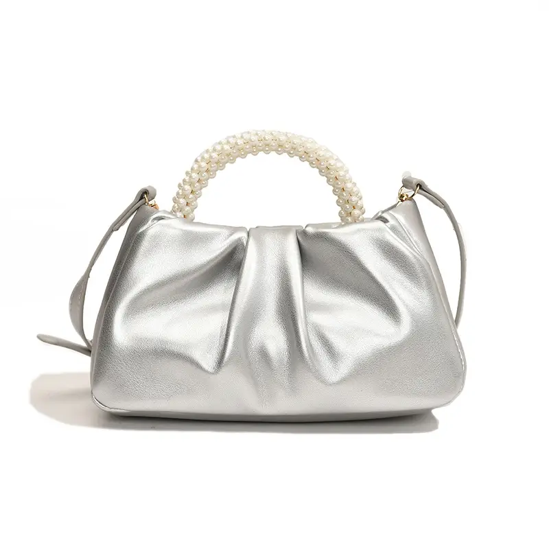 Silver Pearl Pleated Shoulder Bag for Women - Image 9