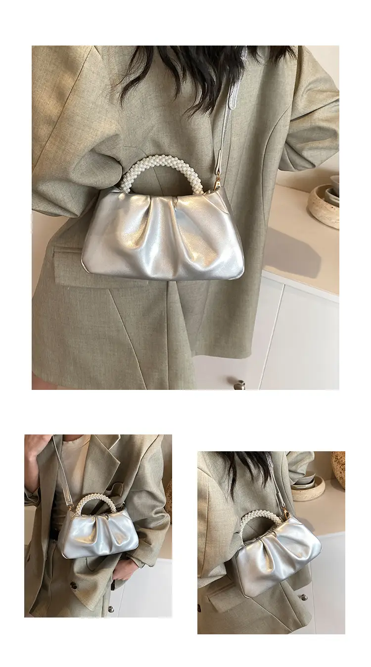 Silver Pearl Pleated Shoulder Bag for Women — feature 5